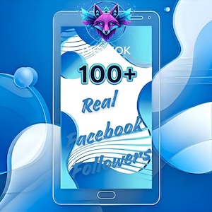 May include: A digital graphic on a smartphone screen, featuring a stylized purple fox head with blue accents. The text reads "100+ Real Facebook Followers" in a blue and white design against a blue background with abstract shapes. The overall theme is social media promotion.