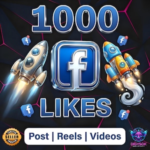 Può includere: Grafica digitale con il logo di Facebook, due razzi e la scritta "1000 LIKES". L'immagine ha uno sfondo scuro con accenti rosa e le parole "Post | Reels | Videos".