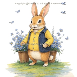 May include: Watercolor illustration of a rabbit wearing a yellow shirt and a navy blue vest, standing in a garden with blue flowers and small birds. The rabbit is in a standing position, with a friendly expression.