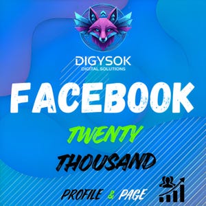 May include: A digital graphic featuring a stylized pink and blue fox head logo above the text DIGYSOK DIGITAL SOLUTIONS. Below this, the word FACEBOOK appears in large white letters, followed by TWENTY THOUSAND, PROFILE & PAGE, and a growth chart icon.