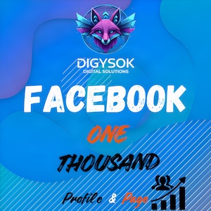 May include: A digital graphic with a blue gradient background featuring a stylized pink fox logo above the text DIGYSOK DIGITAL SOLUTIONS. Below, the text reads FACEBOOK ONE THOUSAND Profile & Page with a black icon showing a group and a rising bar chart.