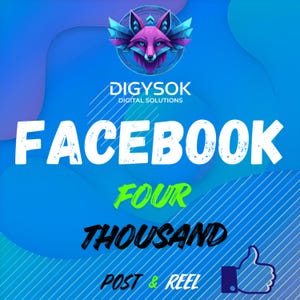 May include: A digital graphic featuring a stylized fox head logo above the text DIGYSOK DIGITAL SOLUTIONS. Below, the text reads FACEBOOK, FOUR, THOUSAND, and POST & REEL in varying fonts and colors against a blue gradient background with a thumbs-up icon.