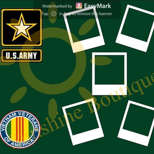 May include: Green background with a yellow sun graphic.  There are five white photo frames with black borders.  The text "U.S. ARMY" is in a yellow rectangle with a black star inside.  There is a circular green, yellow, and red logo with the text "VIETNAM VETERANS OF AMERICA".
