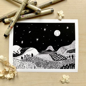 Moonscape/ Pen Drawing/ Giclee/ moon/ illustration