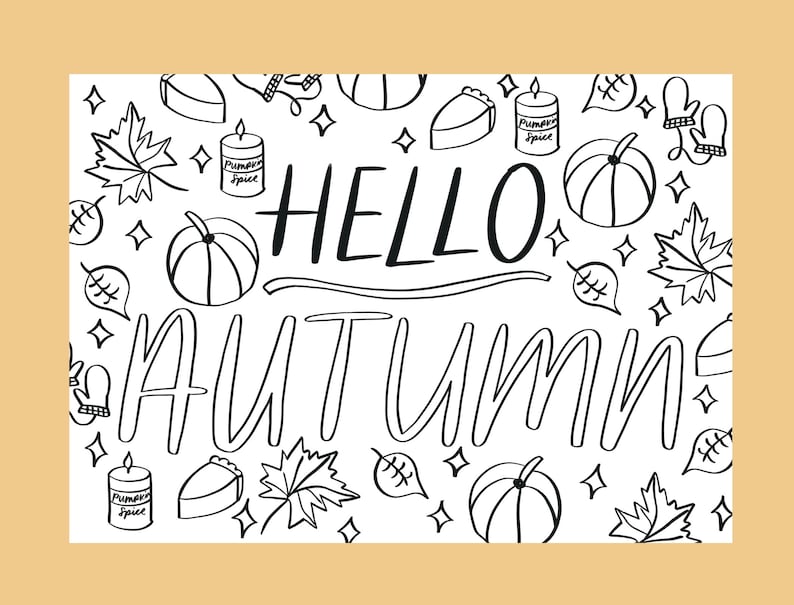 Fall coloring page for kids printable hello autumn colouring - Etsy