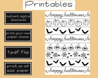 Printable colour in halloween paper chains// print at home party decorations