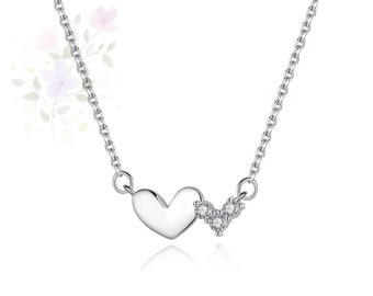 Double Heart Cubic Zirconia Necklace, Silver Chain Necklace, Chain Necklace, Double Heart Cubic Zirconia 925 Sterling Silver Chain Necklace
