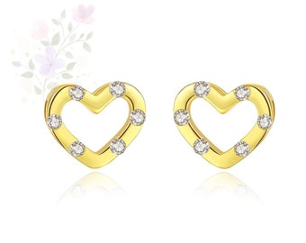 Heart Stud Cubic Zirconia Earrings, 925 Sterling Silver Stud Earrings, Love Heart Earrings in Gold