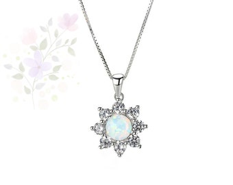 Sun Flower Shape Opal Pendant Necklace, 925 Sterling Silver Sunflower Pendant Necklace Opal CZ Dainty Sunflower Jewelry