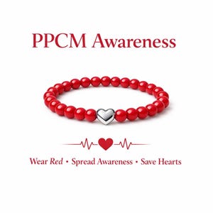 May include: Red beaded bracelet with a silver heart charm. The text "PPCM Awareness" is at the top, with the phrases "Wear Red, Spread Awareness, Save Hearts" below the bracelet.