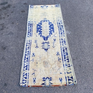 2x5 Soft Rug, Turkish Rug, Oushak Rug, Blue Area Rug, Wool Bedroom Rug, Vintage Handmade Rug, Accent Runner Rug, Kitchen Rug  2&#39;1&quot;x5&#39;3&#39;&#39; ft.