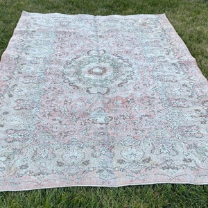 large oushak carpet, muted colors faded, vintage isparta, accent, area carpet, wool low pile distressed,turkishrug,etsy rug.