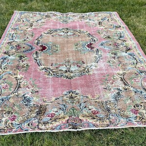 large oushak carpet, muted colors faded, vintage isparta, accent, area carpet, wool low pile distressed,turkishrug,etsy rug.