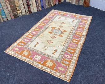 Vintage Oushak Wool Rug: Turkish Home Decor Carpet (4.9 x 7.8 ft).Tax Free USA