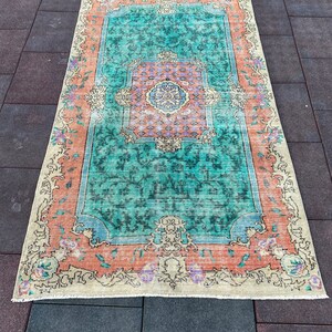 Vintage Turquoise Area Rug: Turkish Wool Cotton Rug (3.6 x 6.7 ft).Tax Free USA