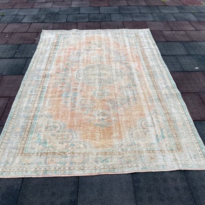large oushak carpet, muted colors faded, vintage isparta, accent, area carpet, wool low pile distressed,turkishrug,etsy rug.