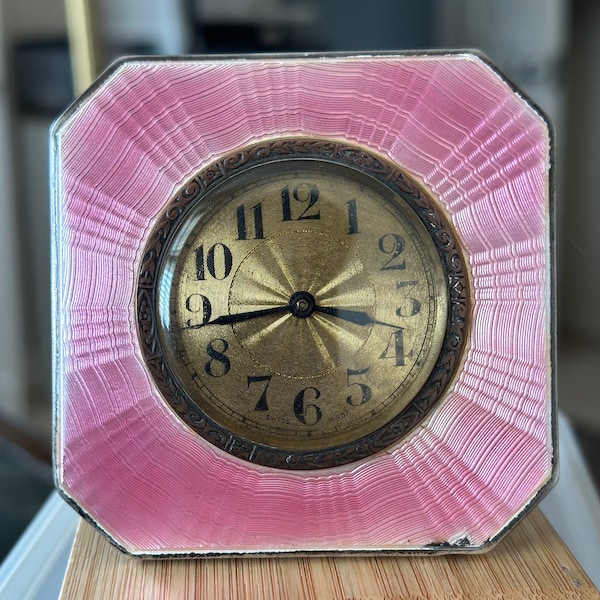 Art Deco George V Collectible Antique Silver & Pink Guilloché Enamel Dressing Table Clock, Easel Back Hallmarked Birmingham 1930