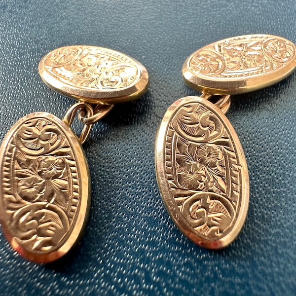 Edwardian Antique 9 Carat Rose Gold UNISEX Foliate Engraved Cufflinks 1.6Cm, 2.7Gr