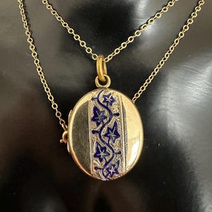 SUPERB: RARE Victorian Antique 9K Yellow Gold & Blue Enamel Ivy Locket -Engraved Heart at the Back- 47cm 9K Chain- Total Weight 10.35g
