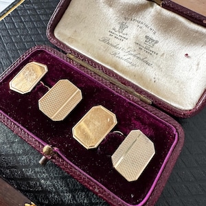 SUPERB: Vintage 9ct Yellow Gold Cufflinks – Engine Turned, Rectangular, 1960 Birmingham Hallmark, Antique Box, 3g
