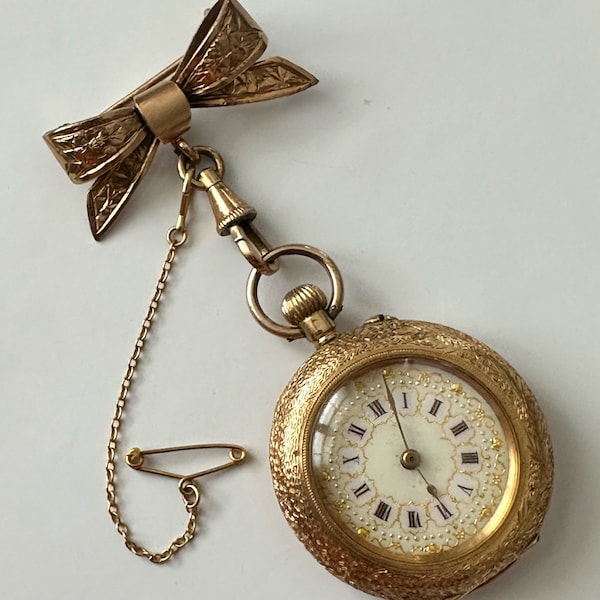 Antique Open Face 18Ct Yellow Gold & Enamel Ladies Pocket Watch/Fob + 15Ct Engraved Bow Brooch