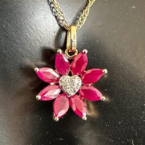 Elizabethan Vintage Ruby & Diamond Cluster Heart Centred Floral Pendant 9K Gold 1.7Cm + 9K matching Chain 18&quot;,Total Weight  1.9G