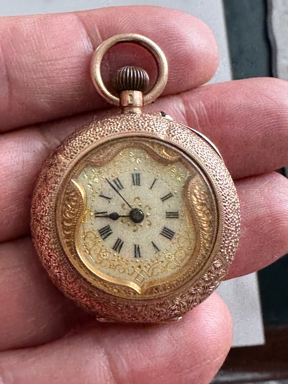 Antique Art Nouveau 14K Rose Gold Open Faced Ladies Shield Pocket Watch Enamel Engraved Case 4.76Cm