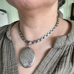 Victorian Antique LARGE Silver Engraved Foliate Oval Locket Pendant 6.5Cm with a 42.5Cm Antique Silver Book Chain
