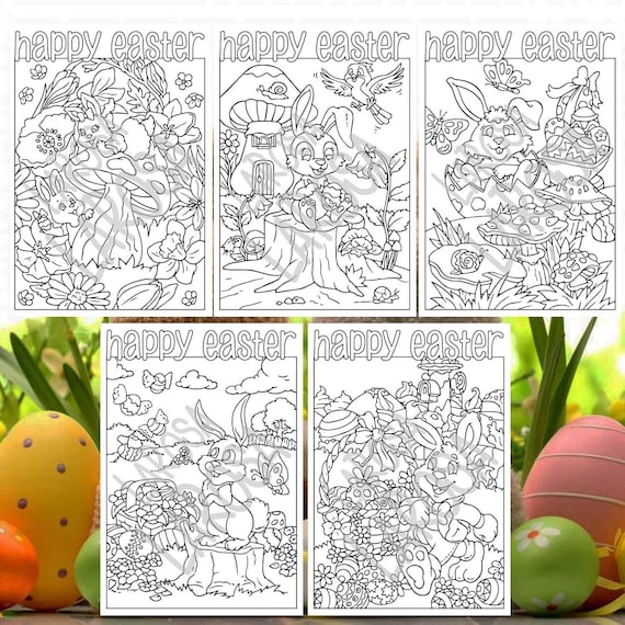 Cute set of 5 Easter Colouring Pages / Digital Download PDF