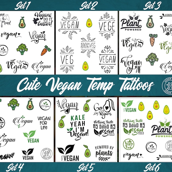 Vegan Temporary Tattoos. 6 sets to choose from