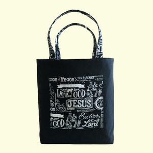 Black Canvas Bible Bag with Pockets Names of Jesus Cotton Fabric Double Handles Lined Boxed Botton Christian Tote Bag Faith Based Gift for Women