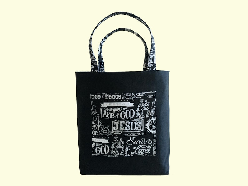 Black Canvas Bible Bag with Pockets Names of Jesus Cotton Fabric Double Handles Lined Boxed Botton Christian Tote Bag Faith Based Gift for Women