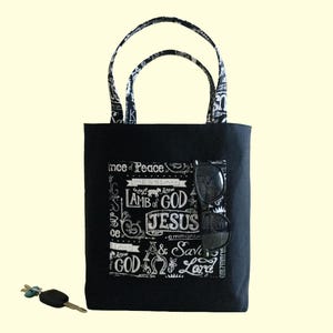 This christian Tote Bag is large enough for womens Bible study books. It is black canvas with cotton fabric pockets, lining and double handles. The boxed bottom bag is reinforced to be sturdy and strong.