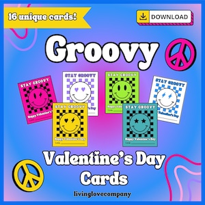 Groovy Valentijnsdagkaarten, afdrukbare retro Groovy Valentijnsdagkaarten, Valentijnsdagkaarten in de klas voor kinderen, kaarten wisselen, vday