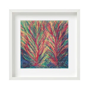 May include: Abstract painting of two trees with red, green, yellow, and blue colors. The trees are in a dark blue background. The painting is framed in a white frame.