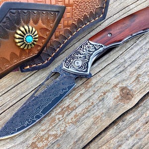Custom Damascus Steel Pocket Folding Knife, Rosewood/Steel Handle, Birthday Gift, Anniversary Gift, Men’s Gift, Wedding Gift, Groomsmen Gift