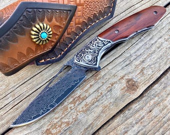 Damascus Steel Folding Knife: Rosewood Handle, Leather Sheath