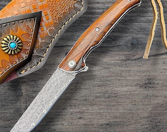 Damascus Steel Folding Pocket Knife, Rosewood Handle, Leather Sheath