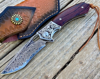 Damascus Steel Folding Pocket Knife, Rosewood Handle, Leather Sheath