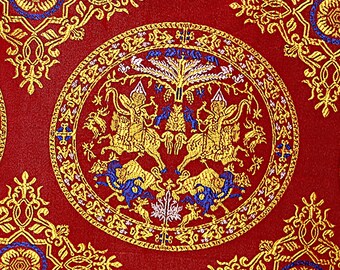 Brocaded Silk Fabric Bahram Gur 90 cms / 74 cms  Warriors Horse Lion Reenactment Byzantine Rus Viking Carolingian Ottonian 800 - 1100 A.D.