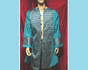 Linen Viking Byzantine linen Caftan Coat with Silk Panels in Birds, size approx. S - M