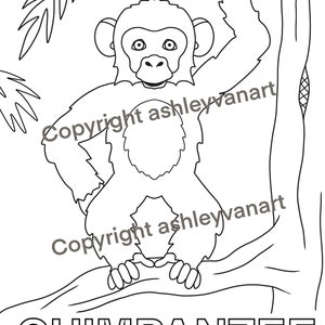May include: Black and white line drawing of a chimpanzee hanging from a tree branch. The word "CHIMPANZEE" is printed in large block letters at the bottom. The image includes a copyright notice.