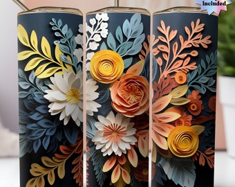 3D Floral Tumbler Wrap Design 20 oz Skinny Tumbler 3D Flower PNG Sublimation Design Digital Download PNG Digital Download Botanical Wrap