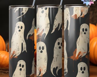 May include: Three stainless steel tumblers with a black background and a white ghost pattern. The ghosts are drawn in a vintage style with orange accents.