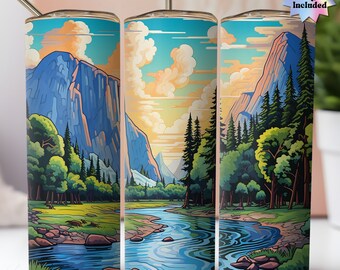 May include: A colorful illustration of a mountain range with a river flowing through a forest. The sky is blue with white clouds. The mountains are blue and purple, and the trees are green. The river is blue and has white ripples. The image is perfect for a tumbler design.