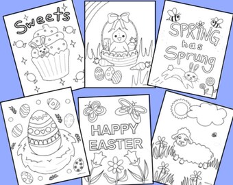 May include: A set of six black and white colouring pages featuring Easter themes. The pages include a cupcake with the word "Sweets" above it, a chick in a basket, a bunny rabbit hopping, an egg in a nest, butterflies and the words "Happy Easter", and a lamb with a sun and cloud.