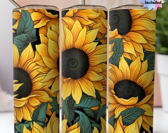 May include: A stainless steel tumbler with a sunflower pattern. The tumbler is yellow, green, and black. It has a straw and a lid.