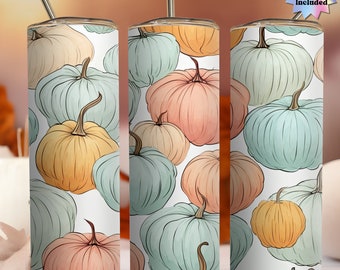 May include: A white tumbler with a pattern of pastel green, orange, and pink pumpkins. The tumbler has a stainless steel lid and straw.