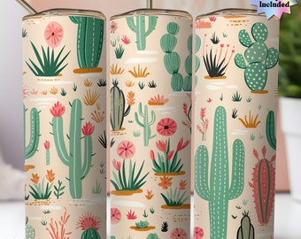 May include: A set of three stainless steel tumblers featuring a cactus and floral design. The tumblers are cream coloured with green, pink, and yellow accents. The tumblers are ideal for holding hot or cold drinks.