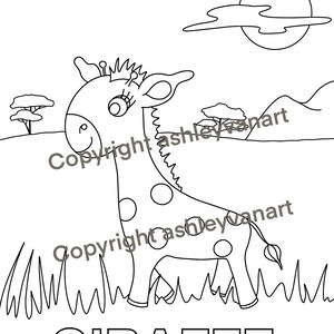 May include: Black and white line drawing of a giraffe with spots, set in a grassy landscape. The word "GIRAFFE" is printed in block letters. A sun and clouds are in the background.